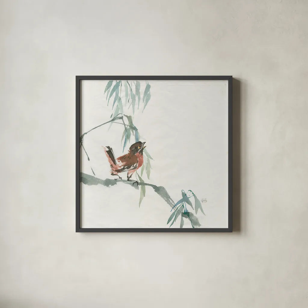 Russet Sparrow by Chris Paschke. Shown in a sleek black glass frame for a contemporary gallery look. Available as an archival giclee rolled canvas, fine art paper, or poster print. SKU 23942a.