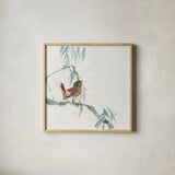Russet Sparrow by Chris Paschke. Shown in a natural wood glass frame for a timeless modern aesthetic. Available as an archival giclee rolled canvas, fine art paper, or poster print. SKU 23942a.