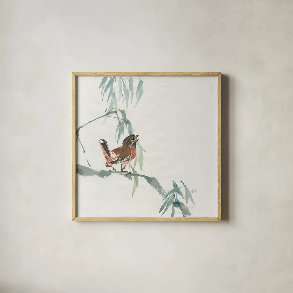 Russet Sparrow by Chris Paschke. Shown in a natural wood glass frame for a timeless modern aesthetic. Available as an archival giclee rolled canvas, fine art paper, or poster print. SKU 23942a.