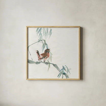 Russet Sparrow by Chris Paschke. Shown in a natural wood glass frame for a timeless modern aesthetic. Available as an archival giclee rolled canvas, fine art paper, or poster print. SKU 23942a.