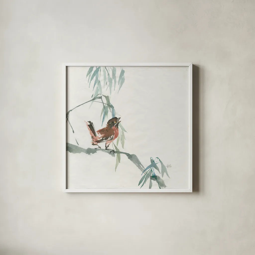 Russet Sparrow by Chris Paschke. Shown in a crisp white glass frame for a clean and minimalist style. Available as an archival giclee rolled canvas, fine art paper, or poster print. SKU 23942a.