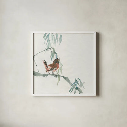 Russet Sparrow by Chris Paschke. Shown in a crisp white glass frame for a clean and minimalist style. Available as an archival giclee rolled canvas, fine art paper, or poster print. SKU 23942a.