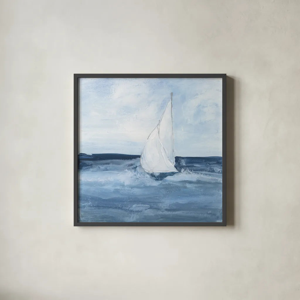 Sailboats I by Chris Paschke. Shown in a sleek black glass frame for a contemporary gallery look. Available as an archival giclee rolled canvas, fine art paper, or poster print. SKU 73874a.