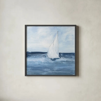 Sailboats I by Chris Paschke. Shown in a sleek black glass frame for a contemporary gallery look. Available as an archival giclee rolled canvas, fine art paper, or poster print. SKU 73874a.