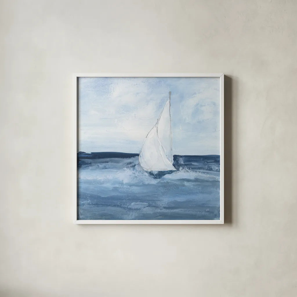 Sailboats I by Chris Paschke. Shown in a crisp white glass frame for a clean and minimalist style. Available as an archival giclee rolled canvas, fine art paper, or poster print. SKU 73874a.