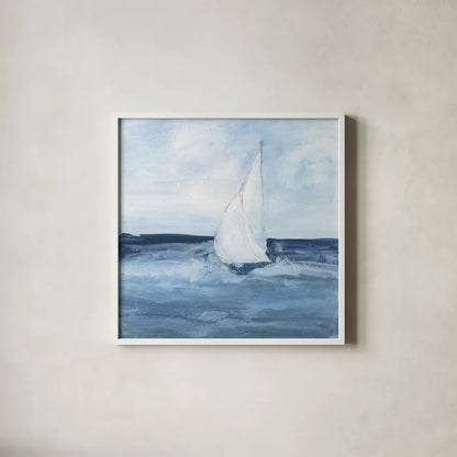 Sailboats I by Chris Paschke. Shown in a crisp white glass frame for a clean and minimalist style. Available as an archival giclee rolled canvas, fine art paper, or poster print. SKU 73874a.