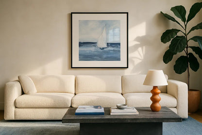 Sailboats I by Chris Paschke. Displayed in a glass frame with matte in a clean modern living room. Available as an archival giclee rolled canvas, fine art paper, or poster print. SKU 73874a.