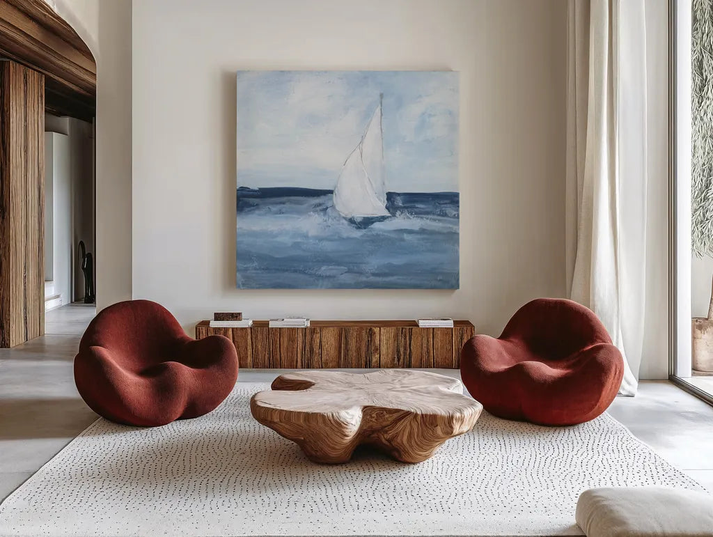 Sailboats I by Chris Paschke. Shown as extra-large giant wall art in a modern living room. Available as an archival giclee rolled canvas, fine art paper, or poster print. SKU 73874a.