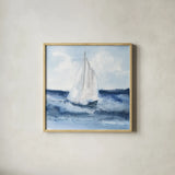 Sailboats II by Chris Paschke. Shown in a natural wood glass frame for a timeless modern aesthetic. Available as an archival giclee rolled canvas, fine art paper, or poster print. SKU 73875a.