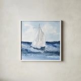Sailboats II by Chris Paschke. Shown in a crisp white glass frame for a clean and minimalist style. Available as an archival giclee rolled canvas, fine art paper, or poster print. SKU 73875a.