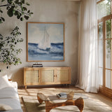 Sailboats II by Chris Paschke. Shown in a natural wood frame in a cozy modern living room. Available as an archival giclee rolled canvas, fine art paper, or poster print. SKU 73875a.