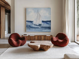 Sailboats II by Chris Paschke. Shown as extra-large giant wall art in a modern living room. Available as an archival giclee rolled canvas, fine art paper, or poster print. SKU 73875a.