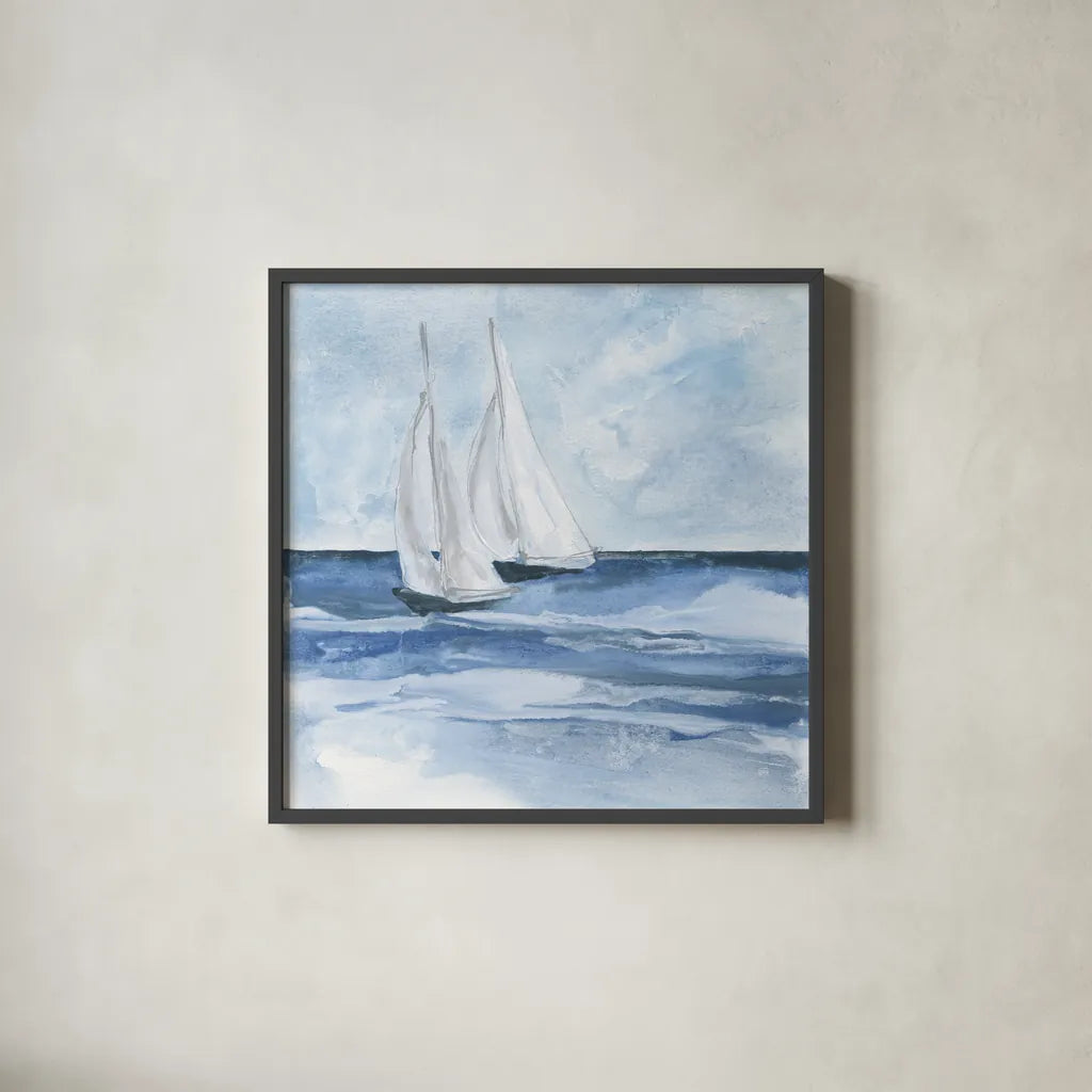 Sailboats III by Chris Paschke. Shown in a sleek black glass frame for a contemporary gallery look. Available as an archival giclee rolled canvas, fine art paper, or poster print. SKU 73876a.