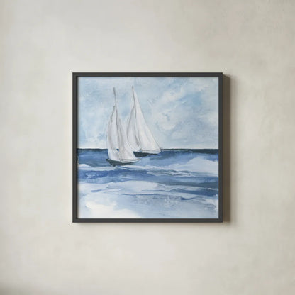 Sailboats III by Chris Paschke. Shown in a sleek black glass frame for a contemporary gallery look. Available as an archival giclee rolled canvas, fine art paper, or poster print. SKU 73876a.