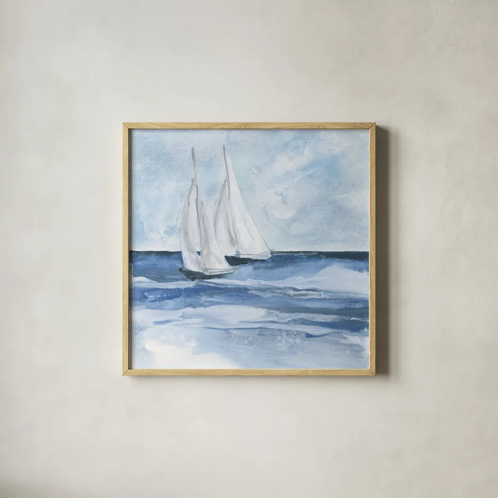 Sailboats III by Chris Paschke. Shown in a natural wood glass frame for a timeless modern aesthetic. Available as an archival giclee rolled canvas, fine art paper, or poster print. SKU 73876a.