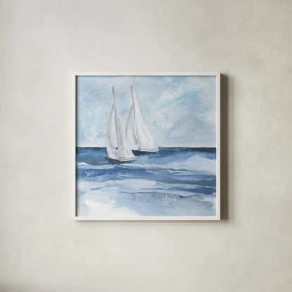 Sailboats III by Chris Paschke. Shown in a crisp white glass frame for a clean and minimalist style. Available as an archival giclee rolled canvas, fine art paper, or poster print. SKU 73876a.
