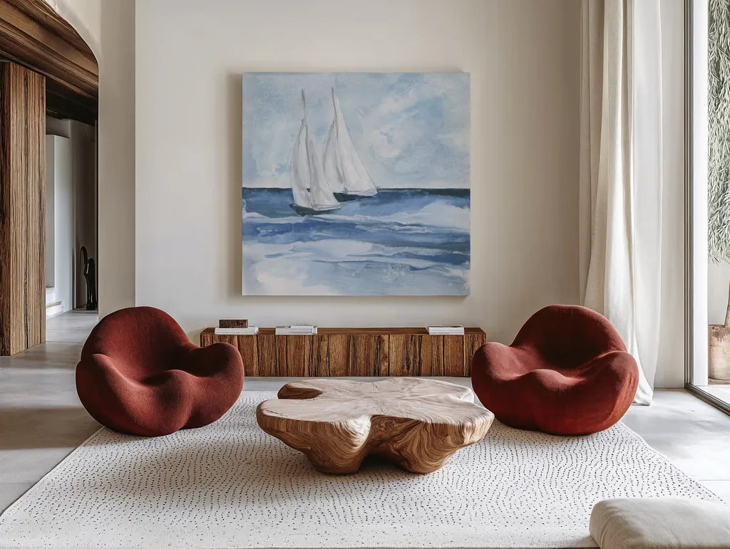 Sailboats III by Chris Paschke. Shown as extra-large giant wall art in a modern living room. Available as an archival giclee rolled canvas, fine art paper, or poster print. SKU 73876a.