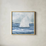 Sailboats IV by Chris Paschke. Shown in a natural wood glass frame for a timeless modern aesthetic. Available as an archival giclee rolled canvas, fine art paper, or poster print. SKU 73877a.