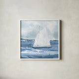 Sailboats IV by Chris Paschke. Shown in a crisp white glass frame for a clean and minimalist style. Available as an archival giclee rolled canvas, fine art paper, or poster print. SKU 73877a.