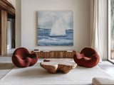 Sailboats IV by Chris Paschke. Shown as extra-large giant wall art in a modern living room. Available as an archival giclee rolled canvas, fine art paper, or poster print. SKU 73877a.