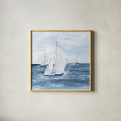 Sailboats V by Chris Paschke. Shown in a natural wood glass frame for a timeless modern aesthetic. Available as an archival giclee rolled canvas, fine art paper, or poster print. SKU 73878a.