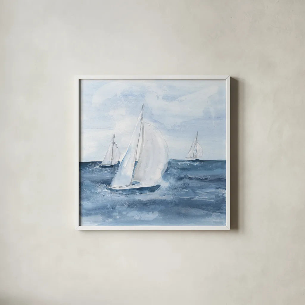 Sailboats V by Chris Paschke. Shown in a crisp white glass frame for a clean and minimalist style. Available as an archival giclee rolled canvas, fine art paper, or poster print. SKU 73878a.