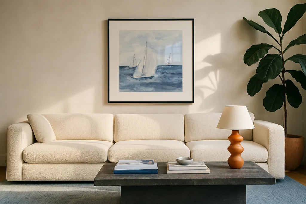 Sailboats V by Chris Paschke. Displayed in a glass frame with matte in a clean modern living room. Available as an archival giclee rolled canvas, fine art paper, or poster print. SKU 73878a.