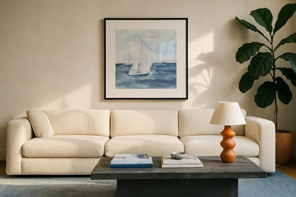 Sailboats V by Chris Paschke. Displayed in a glass frame with matte in a clean modern living room. Available as an archival giclee rolled canvas, fine art paper, or poster print. SKU 73878a.