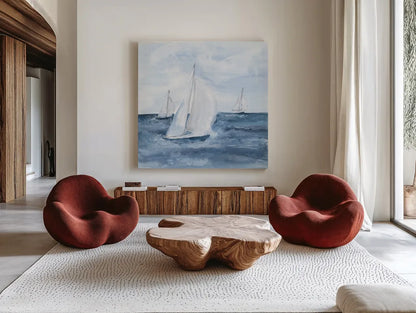 Sailboats V by Chris Paschke. Shown as extra-large giant wall art in a modern living room. Available as an archival giclee rolled canvas, fine art paper, or poster print. SKU 73878a.