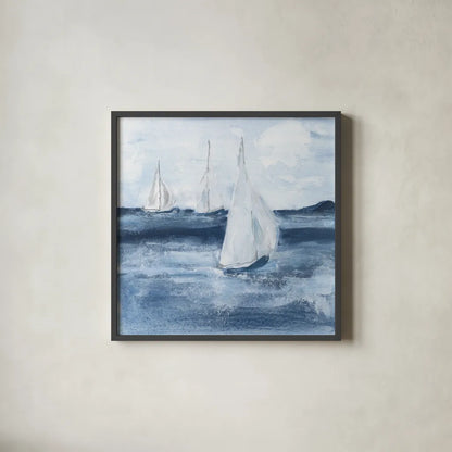 Sailboats VI by Chris Paschke. Shown in a sleek black glass frame for a contemporary gallery look. Available as an archival giclee rolled canvas, fine art paper, or poster print. SKU 73879a.