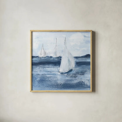Sailboats VI by Chris Paschke. Shown in a natural wood glass frame for a timeless modern aesthetic. Available as an archival giclee rolled canvas, fine art paper, or poster print. SKU 73879a.