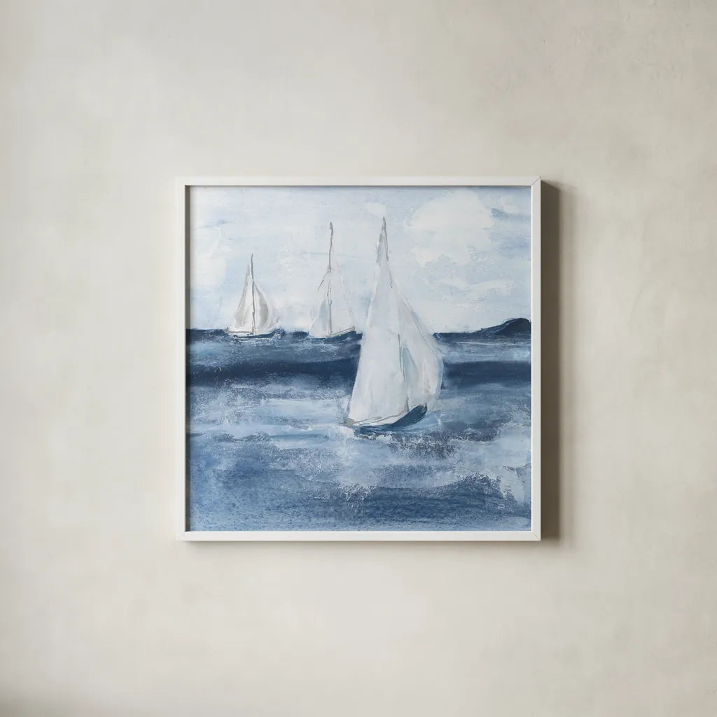 Sailboats VI by Chris Paschke. Shown in a crisp white glass frame for a clean and minimalist style. Available as an archival giclee rolled canvas, fine art paper, or poster print. SKU 73879a.