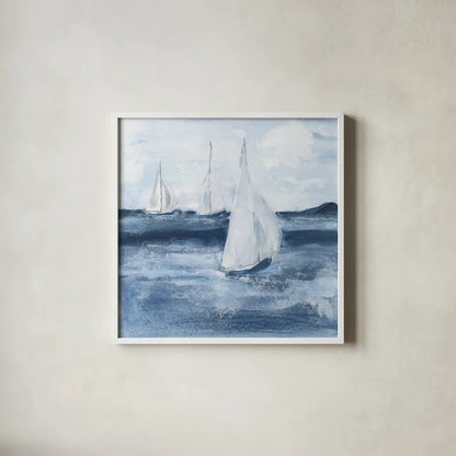 Sailboats VI by Chris Paschke. Shown in a crisp white glass frame for a clean and minimalist style. Available as an archival giclee rolled canvas, fine art paper, or poster print. SKU 73879a.