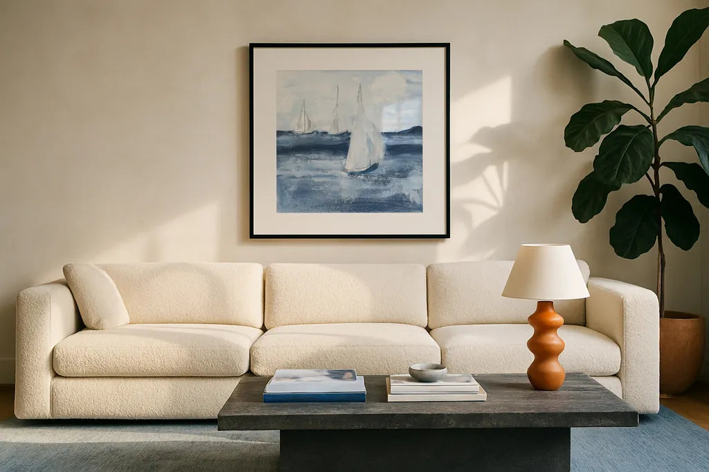 Sailboats VI by Chris Paschke. Displayed in a glass frame with matte in a clean modern living room. Available as an archival giclee rolled canvas, fine art paper, or poster print. SKU 73879a.