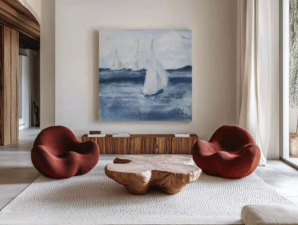 Sailboats VI by Chris Paschke. Shown as extra-large giant wall art in a modern living room. Available as an archival giclee rolled canvas, fine art paper, or poster print. SKU 73879a.