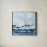 Sailboats VII by Chris Paschke. Shown in a natural wood glass frame for a timeless modern aesthetic. Available as an archival giclee rolled canvas, fine art paper, or poster print. SKU 73880a.