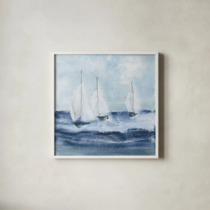 Sailboats VII by Chris Paschke. Shown in a crisp white glass frame for a clean and minimalist style. Available as an archival giclee rolled canvas, fine art paper, or poster print. SKU 73880a.