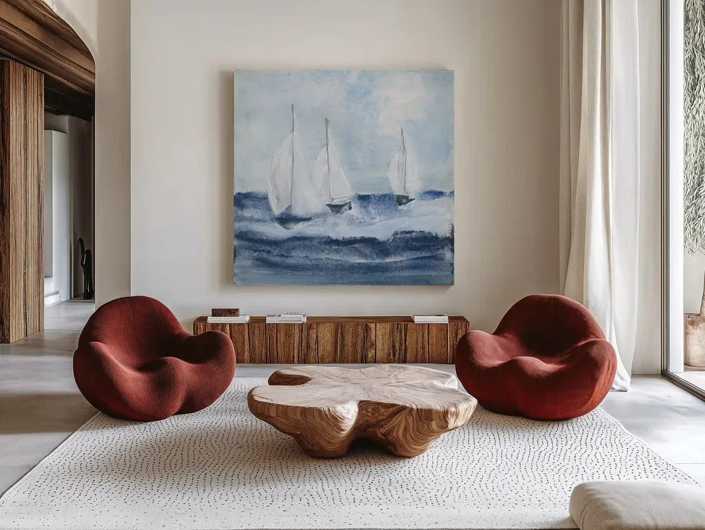 Sailboats VII by Chris Paschke. Shown as extra-large giant wall art in a modern living room. Available as an archival giclee rolled canvas, fine art paper, or poster print. SKU 73880a.
