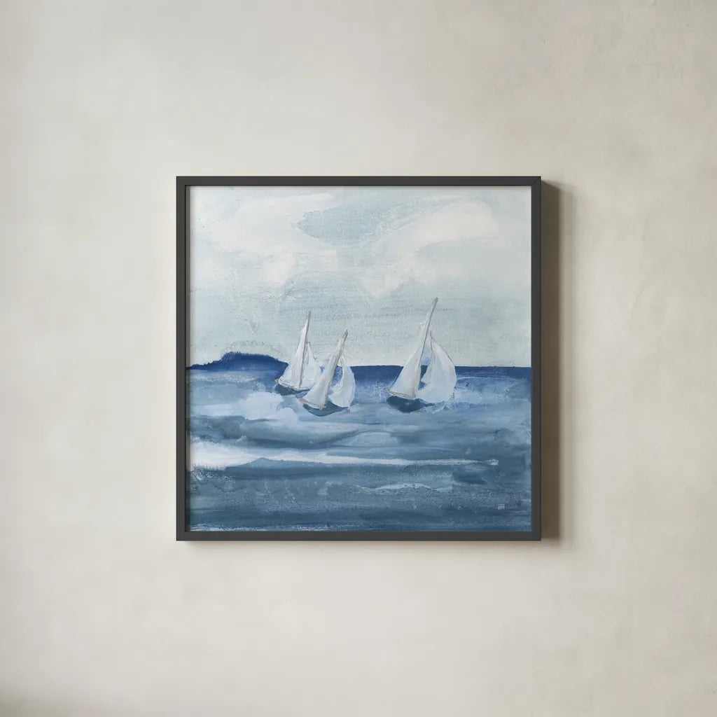 Sailboats VIII by Chris Paschke. Shown in a sleek black glass frame for a contemporary gallery look. Available as an archival giclee rolled canvas, fine art paper, or poster print. SKU 73881a.