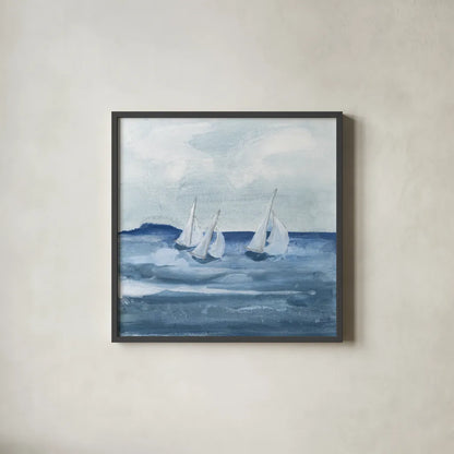 Sailboats VIII by Chris Paschke. Shown in a sleek black glass frame for a contemporary gallery look. Available as an archival giclee rolled canvas, fine art paper, or poster print. SKU 73881a.