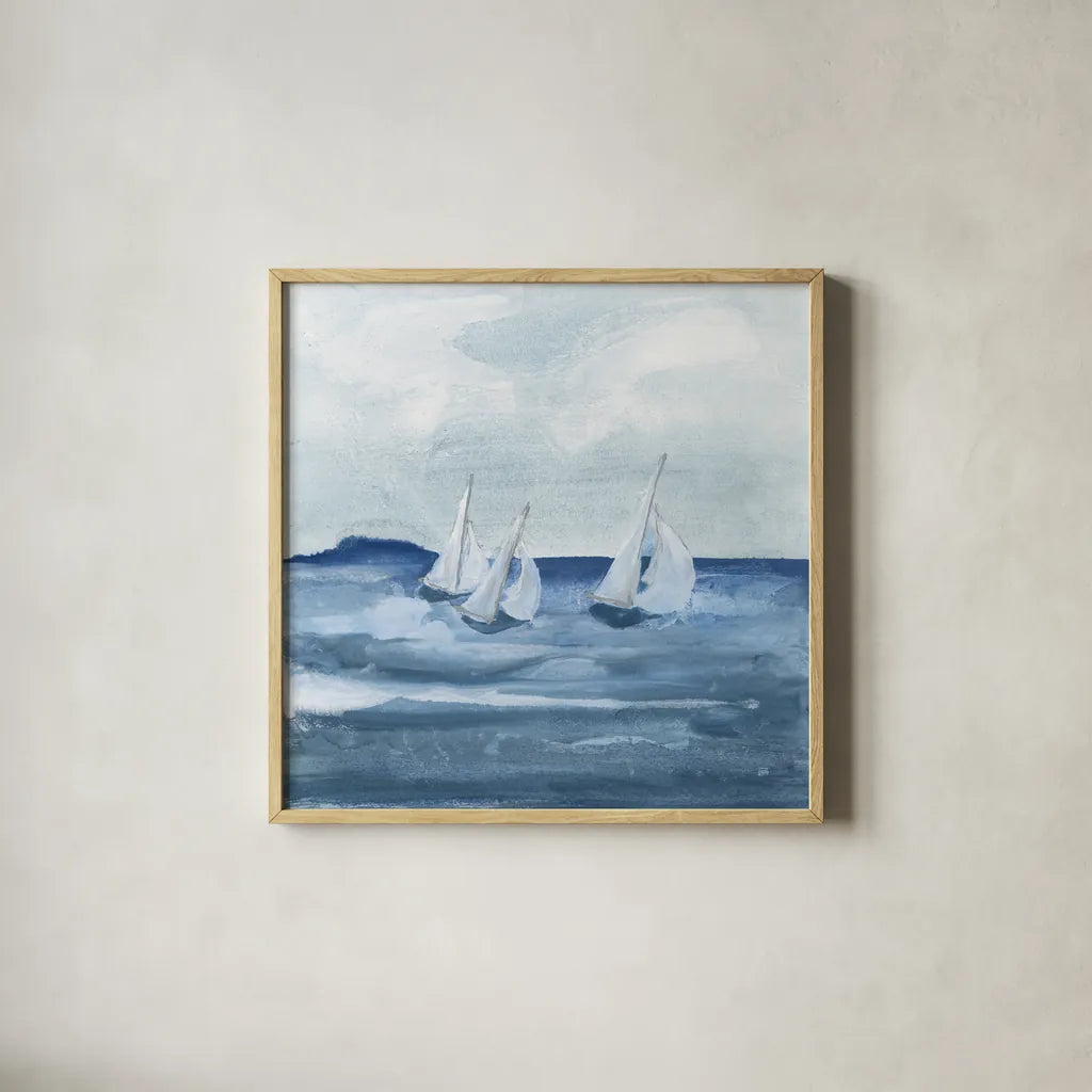 Sailboats VIII by Chris Paschke. Shown in a natural wood glass frame for a timeless modern aesthetic. Available as an archival giclee rolled canvas, fine art paper, or poster print. SKU 73881a.