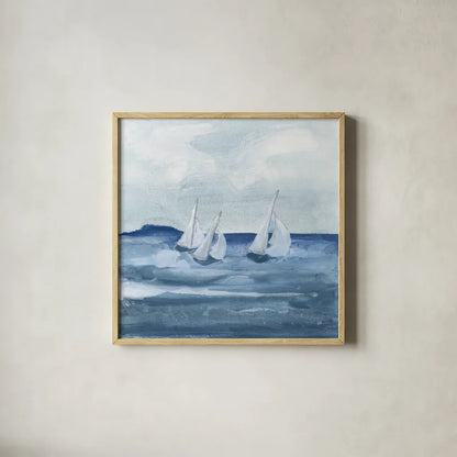 Sailboats VIII by Chris Paschke. Shown in a natural wood glass frame for a timeless modern aesthetic. Available as an archival giclee rolled canvas, fine art paper, or poster print. SKU 73881a.