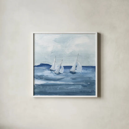 Sailboats VIII by Chris Paschke. Shown in a crisp white glass frame for a clean and minimalist style. Available as an archival giclee rolled canvas, fine art paper, or poster print. SKU 73881a.
