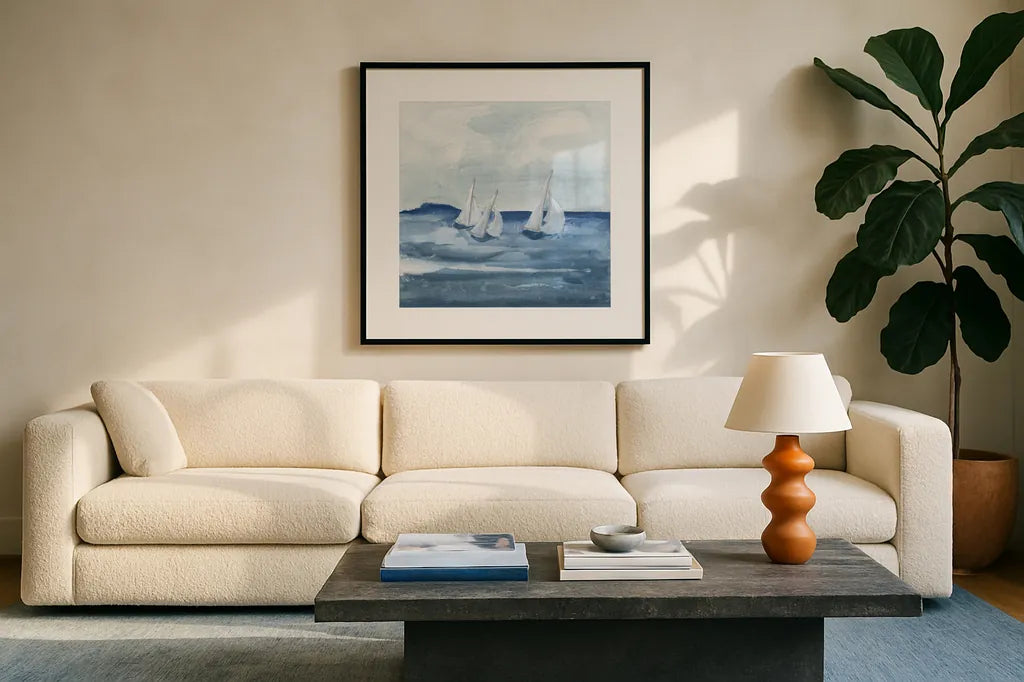 Sailboats VIII by Chris Paschke. Displayed in a glass frame with matte in a clean modern living room. Available as an archival giclee rolled canvas, fine art paper, or poster print. SKU 73881a.