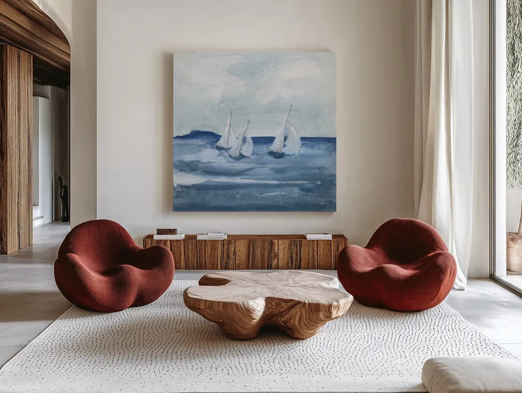 Sailboats VIII by Chris Paschke. Shown as extra-large giant wall art in a modern living room. Available as an archival giclee rolled canvas, fine art paper, or poster print. SKU 73881a.