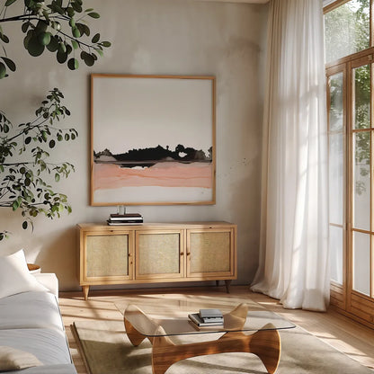 Salmonscape I by Chris Paschke. Shown in a natural wood frame in a cozy modern living room. Available as an archival giclee rolled canvas, fine art paper, or poster print. SKU 81896a.