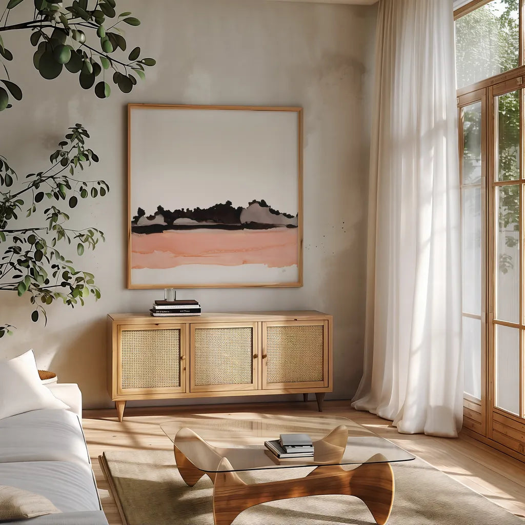 Salmonscape II by Chris Paschke. Shown in a natural wood frame in a cozy modern living room. Available as an archival giclee rolled canvas, fine art paper, or poster print. SKU 81897a.