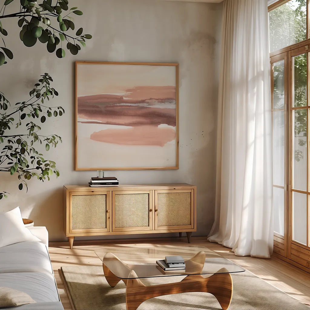 Salt Lake I by Chris Paschke. Shown in a natural wood frame in a cozy modern living room. Available as an archival giclee rolled canvas, fine art paper, or poster print. SKU 94788a.