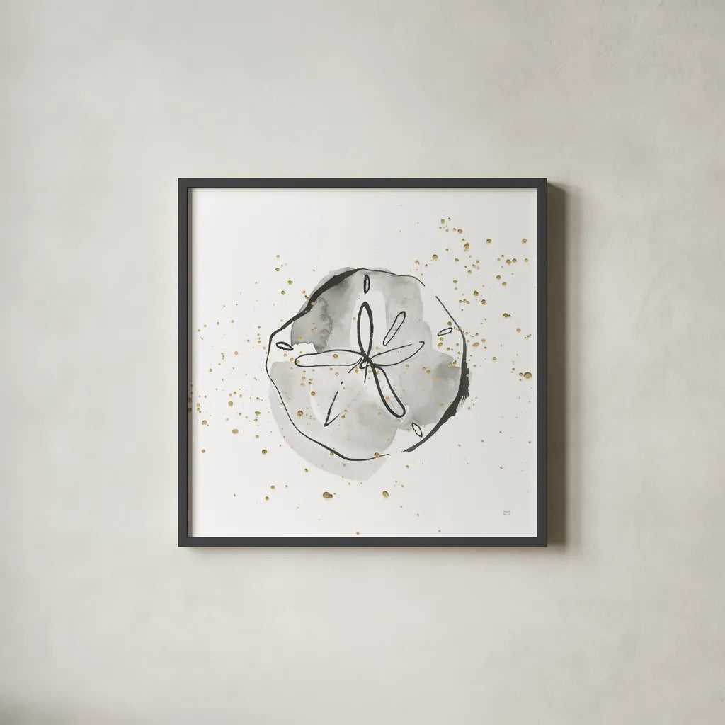 Sand Dollar I by Chris Paschke. Shown in a sleek black glass frame for a contemporary gallery look. Available as an archival giclee rolled canvas, fine art paper, or poster print. SKU 66534a.