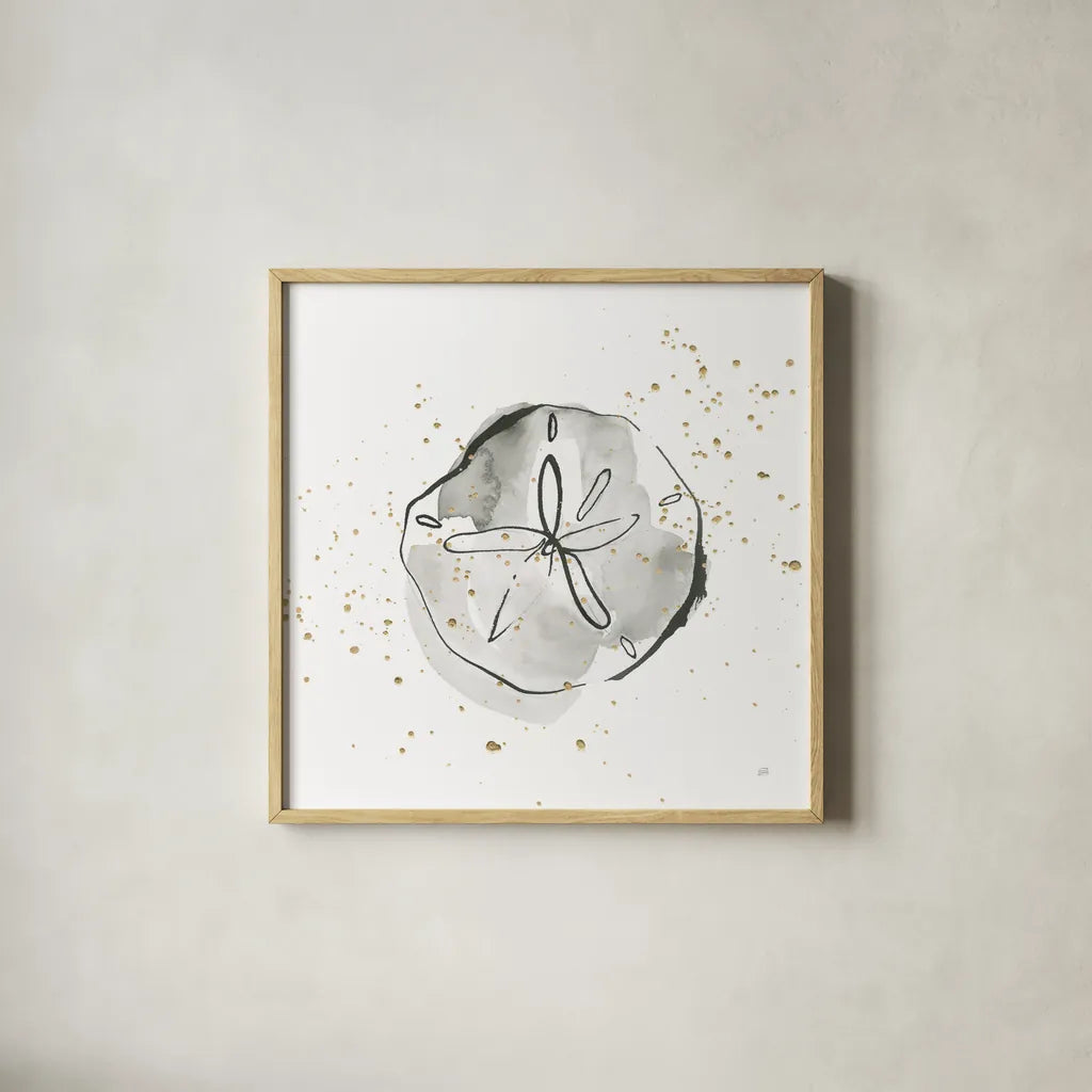 Sand Dollar I by Chris Paschke. Shown in a natural wood glass frame for a timeless modern aesthetic. Available as an archival giclee rolled canvas, fine art paper, or poster print. SKU 66534a.